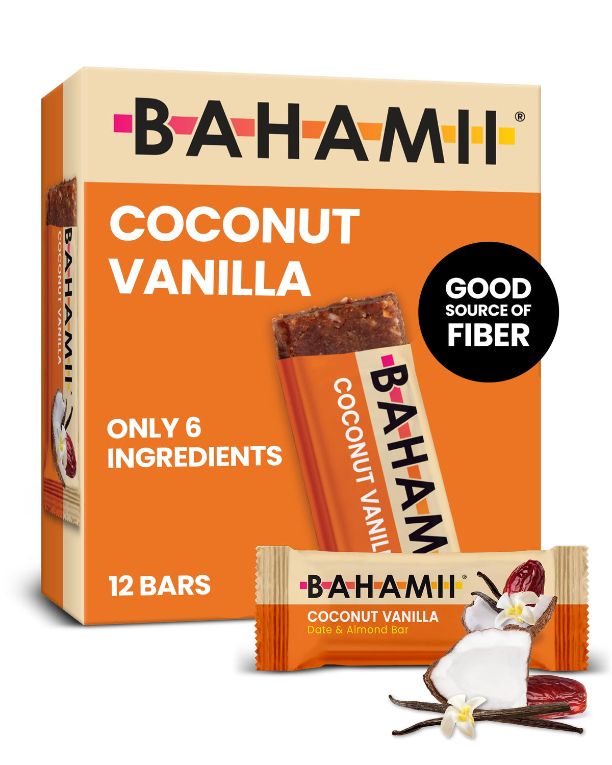 Bahamii Coconut Vanilla Date Bar pack shot, a convenient no-sugar snack for busy days.