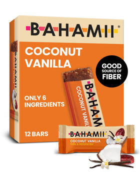 Bahamii Coconut Vanilla Date Bar pack shot, a convenient no-sugar snack for busy days.