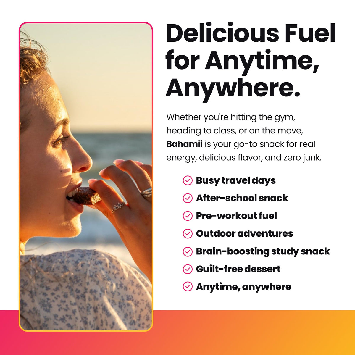 Gluten-free, dairy-free, vegan Bahamii label supports clean plant-based snacking.