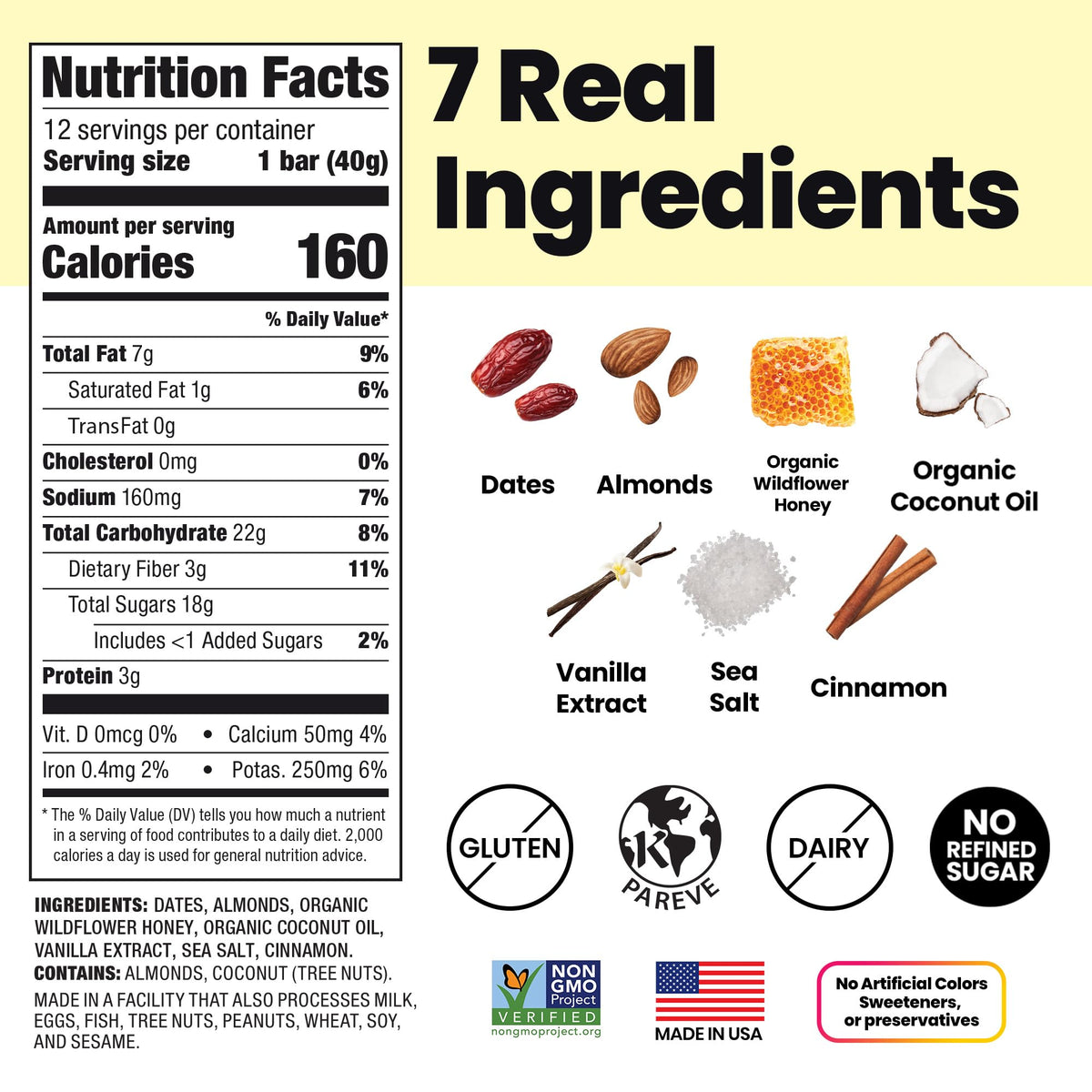 Bahamii Honey Cinnamon Date Bar ingredients display seven natural components.