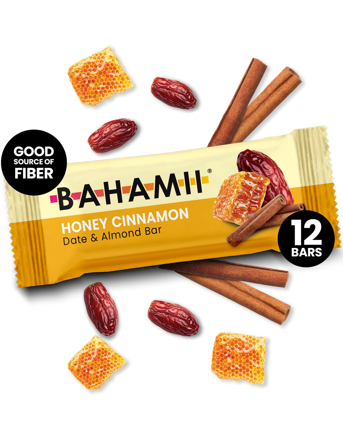 Bahamii Honey Cinnamon Date Bar nutrition panel shown, high fiber and plant-based energy.