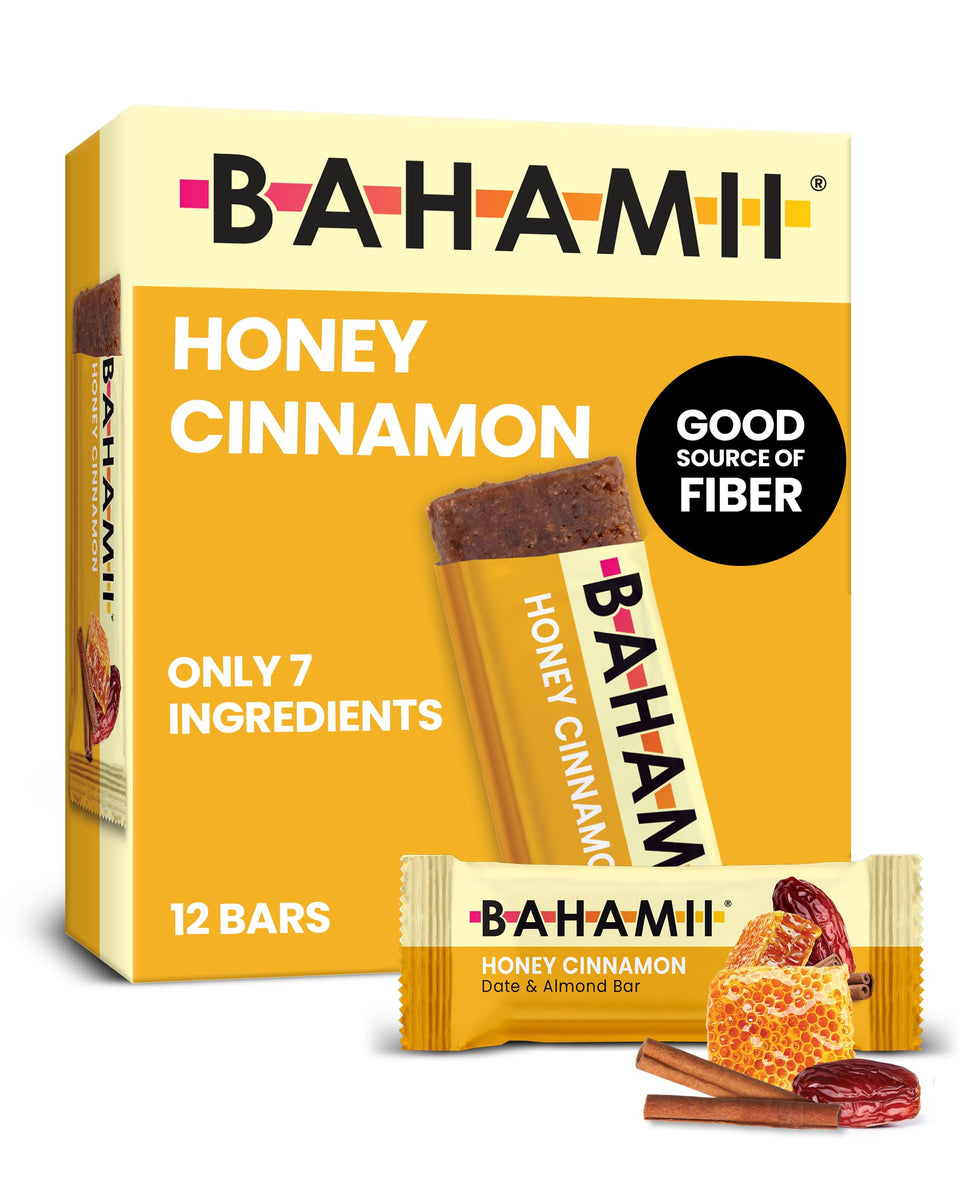 Bahamii Honey Cinnamon Date Bar packaging, portable snack for busy mornings.