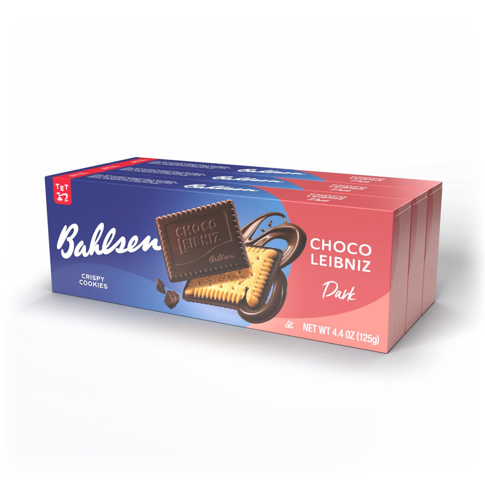Bahlsen Choco Leibniz dark cookies in a 3-box set, perfect for coffee breaks.