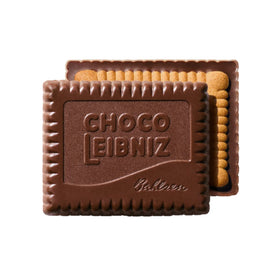 Close-up of the dark chocolate coating on a Leibniz biscuit.
