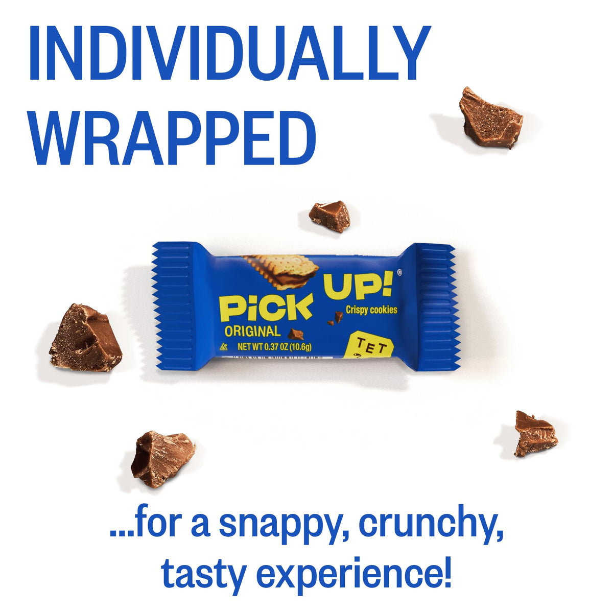 Bahlsen PiCK UP! Minis Original, chocolate sandwich between two biscuits, inviting bite.