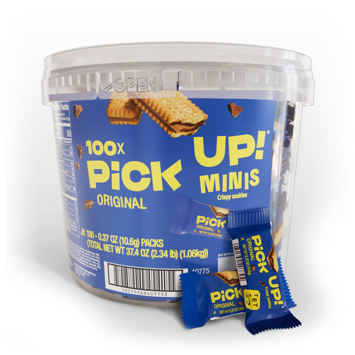 Bahlsen PiCK UP! Minis Original cookie close-up, showcasing crisp biscuits with a smooth chocolate center.