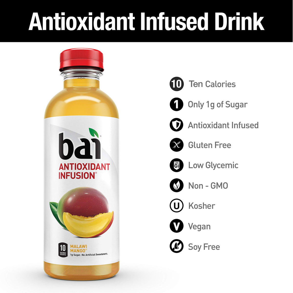 Bai Antioxidant Infusions ingredients shot emphasizes gluten-free, vegan, kosher qualities.