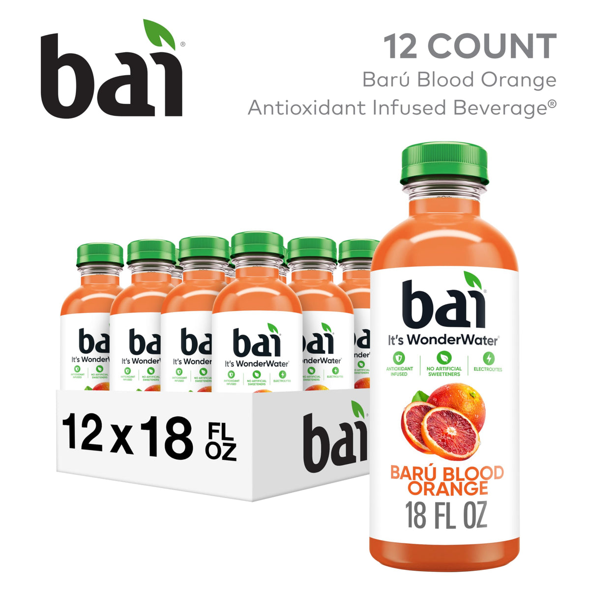 Bai Baru Blood Orange bottle sideview—bold flavor on a refreshing sip.