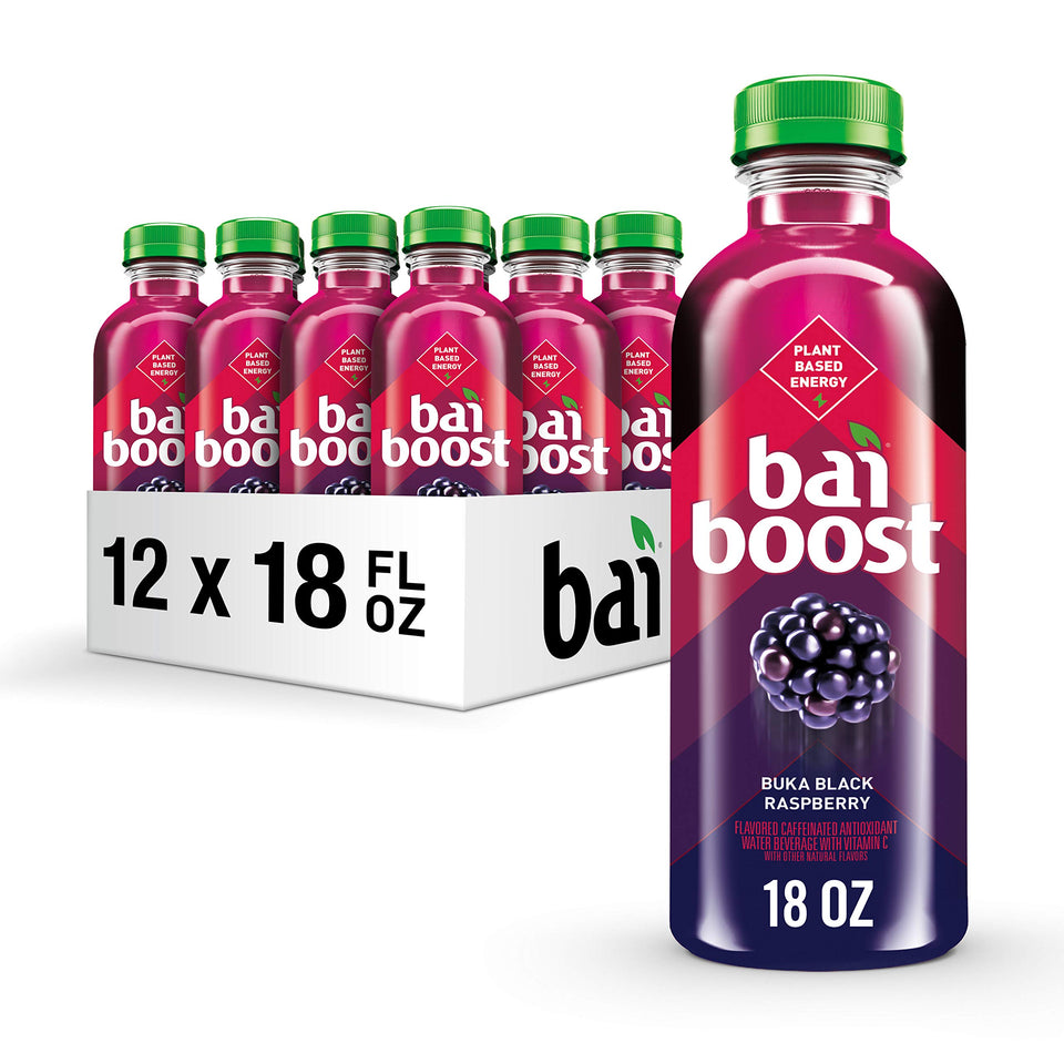 Bai Boost Buka Black Raspberry bottle front shows flavor and natural caffeine.