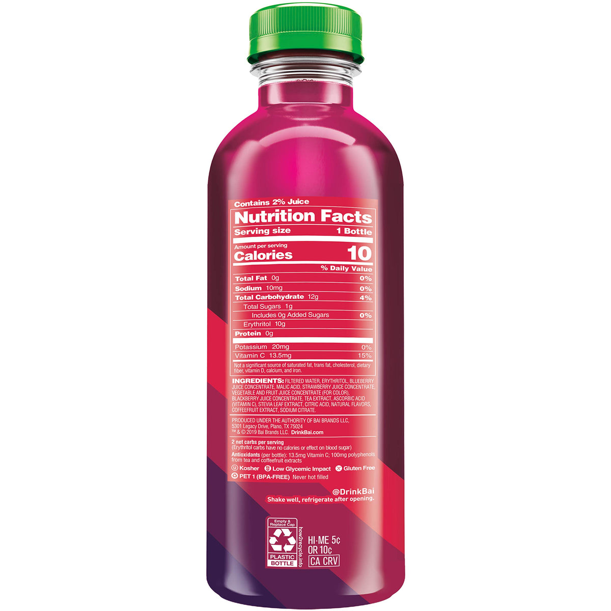 Bai Boost Buka Black Raspberry bottle nutrition panel reveals caffeine and sugar info.