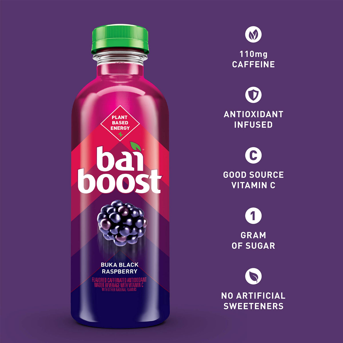 Bai Boost Buka Black Raspberry pack 12 emphasizes value and sharing.