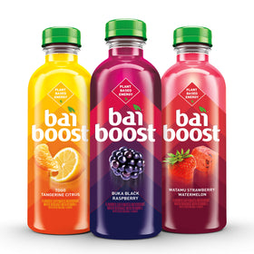 Bai Boost Buka Black Raspberry on a blue surface signals on-the-go refreshment.
