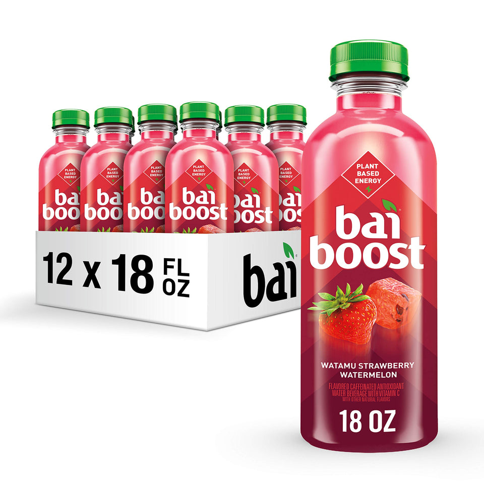 Bai Boost Watamu Strawberry Watermelon bottle showing vibrant flavor and energy.