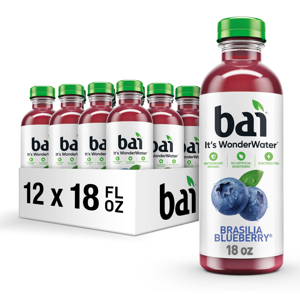 Bai Brasilia Blueberry bottle close-up highlighting antioxidants and Vitamin C.