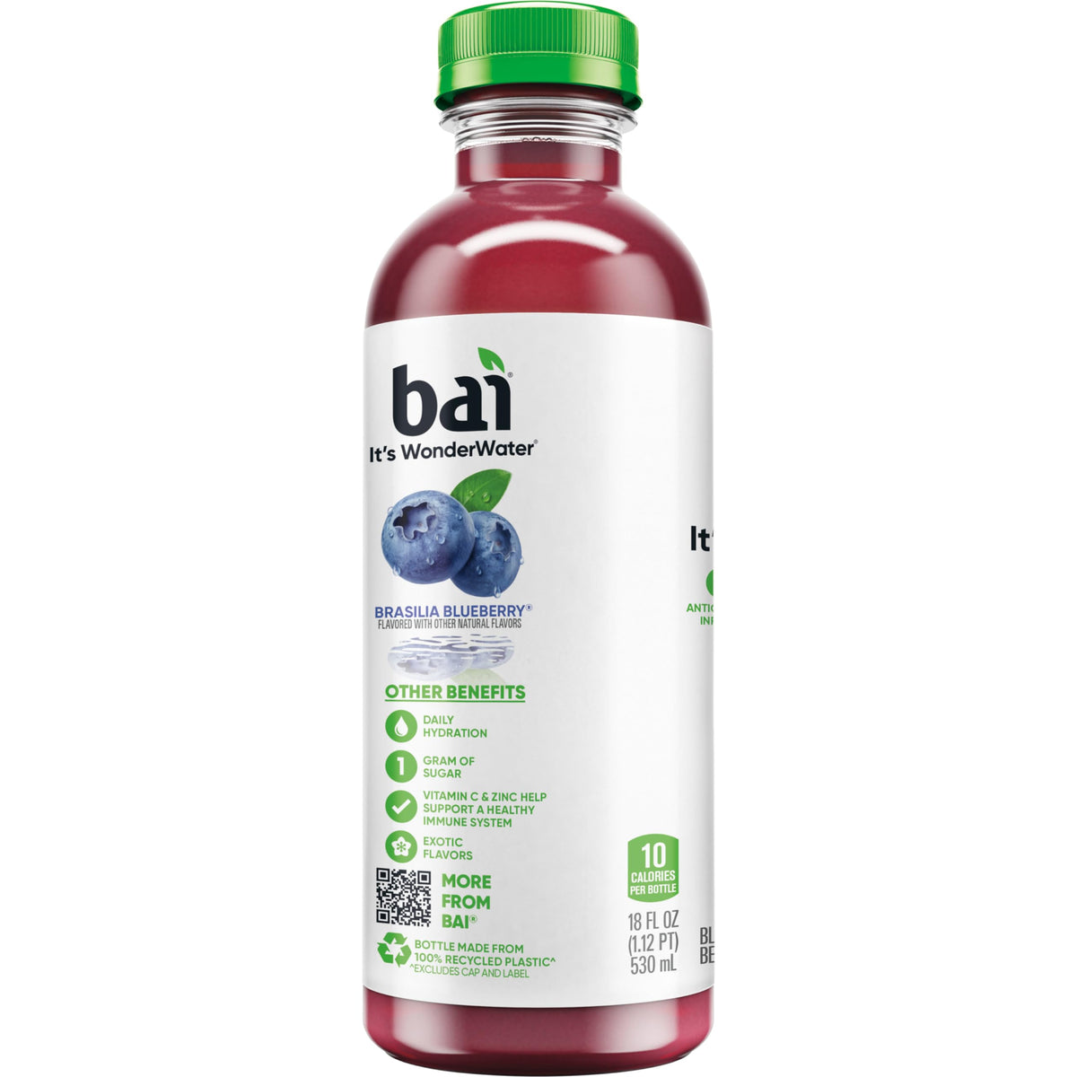 Bai Brasilia Blueberry on desk, convenient 18 oz bottle for daily hydration.