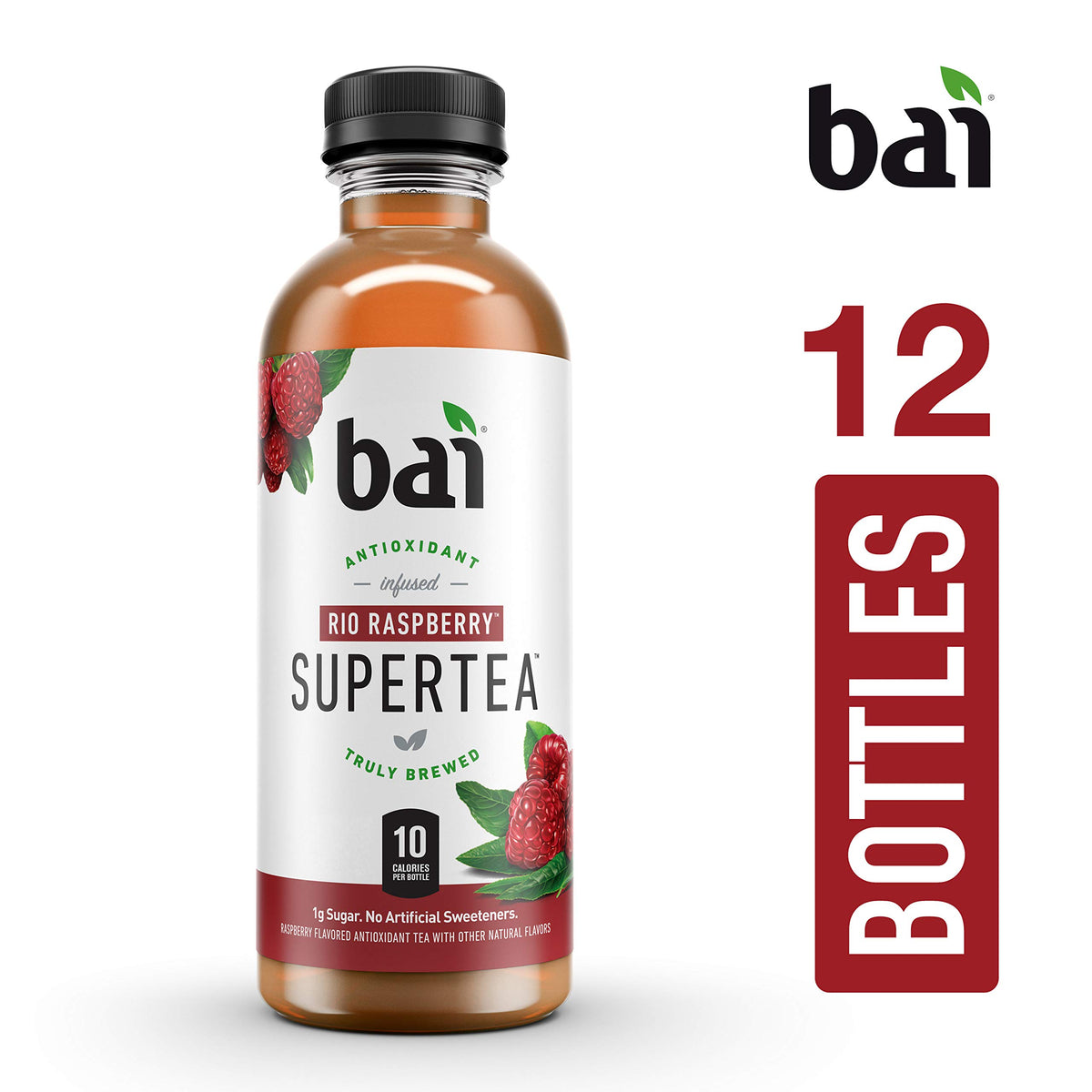 Caffeine content per serving indicated on Bai Rio Raspberry packaging.