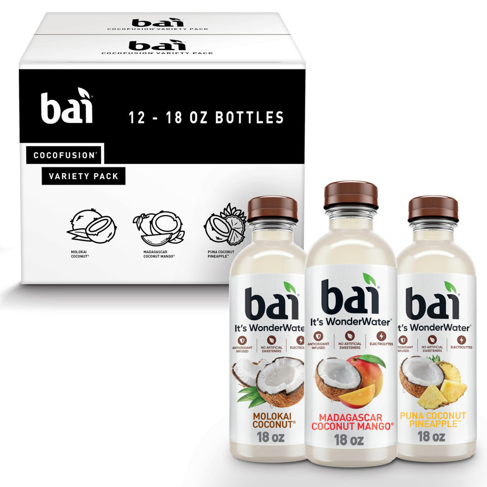 Bai Coconut Variety Pack bottle front highlights antioxidant infusion and Stevia sweetness.