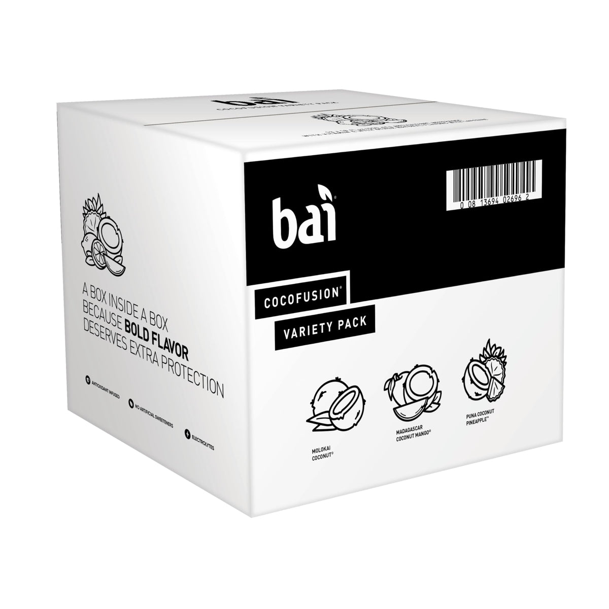 Bai Coconut Variety Pack packaging photo shows 100 percent recycled plastic materials.