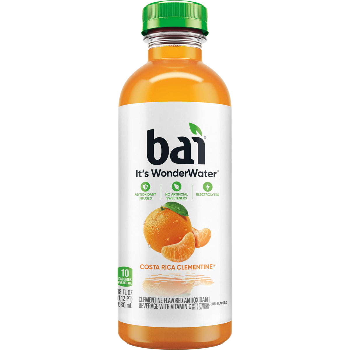 Bai Costa Rica Clementine label detail mentions no artificial sweeteners in the formula.