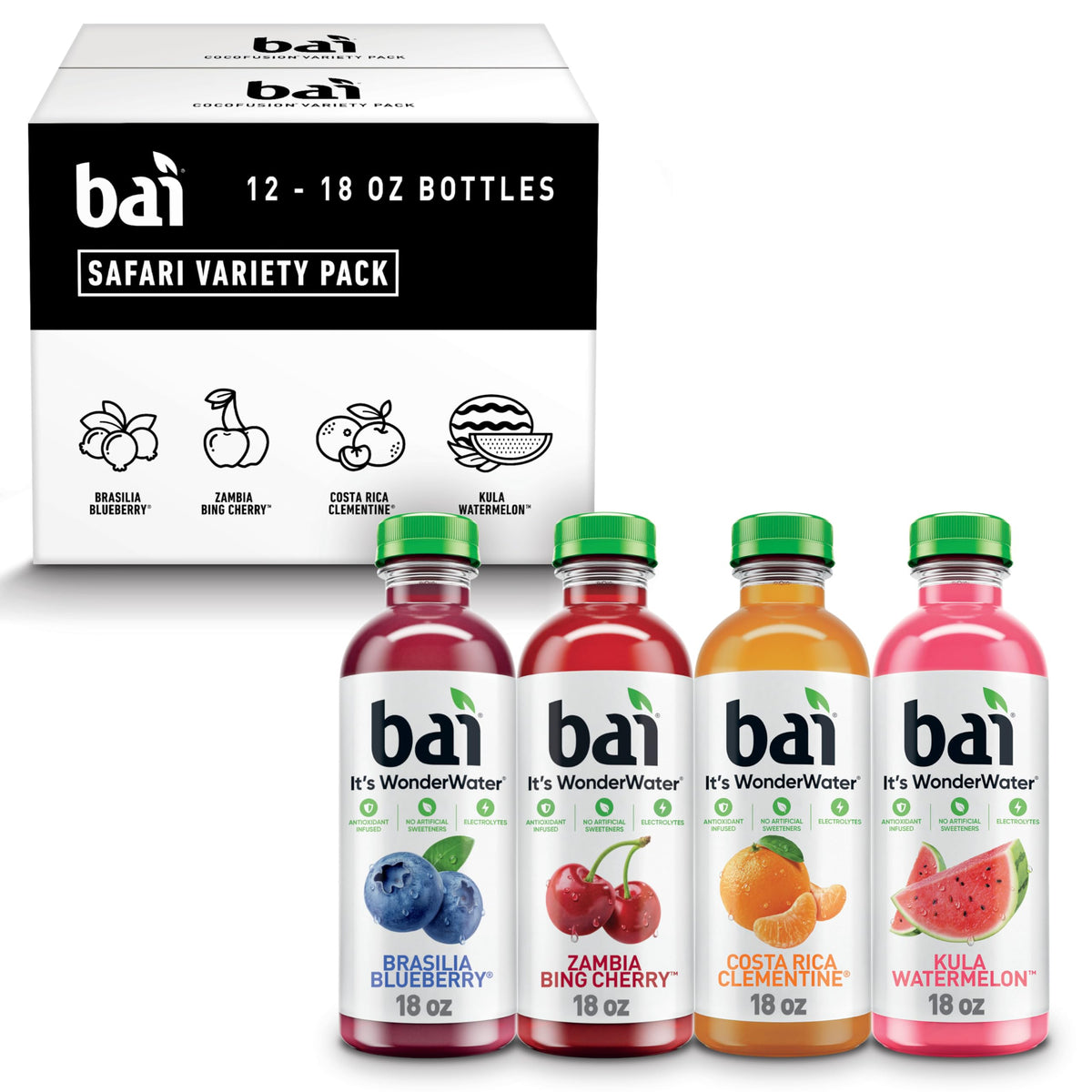 Bai Flavors Variety Pack bottles shown for refreshing, on-the-go hydration