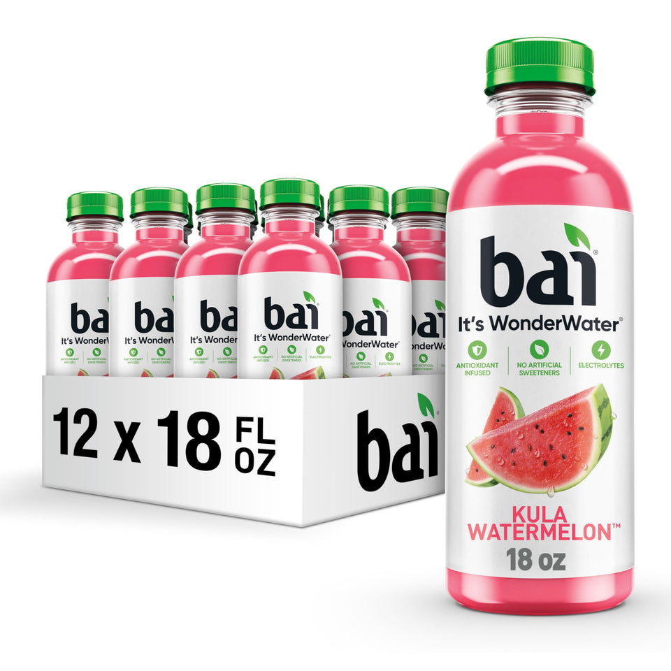 Bai Kula Watermelon bottle front shows bold flavor branding for refreshing hydration.