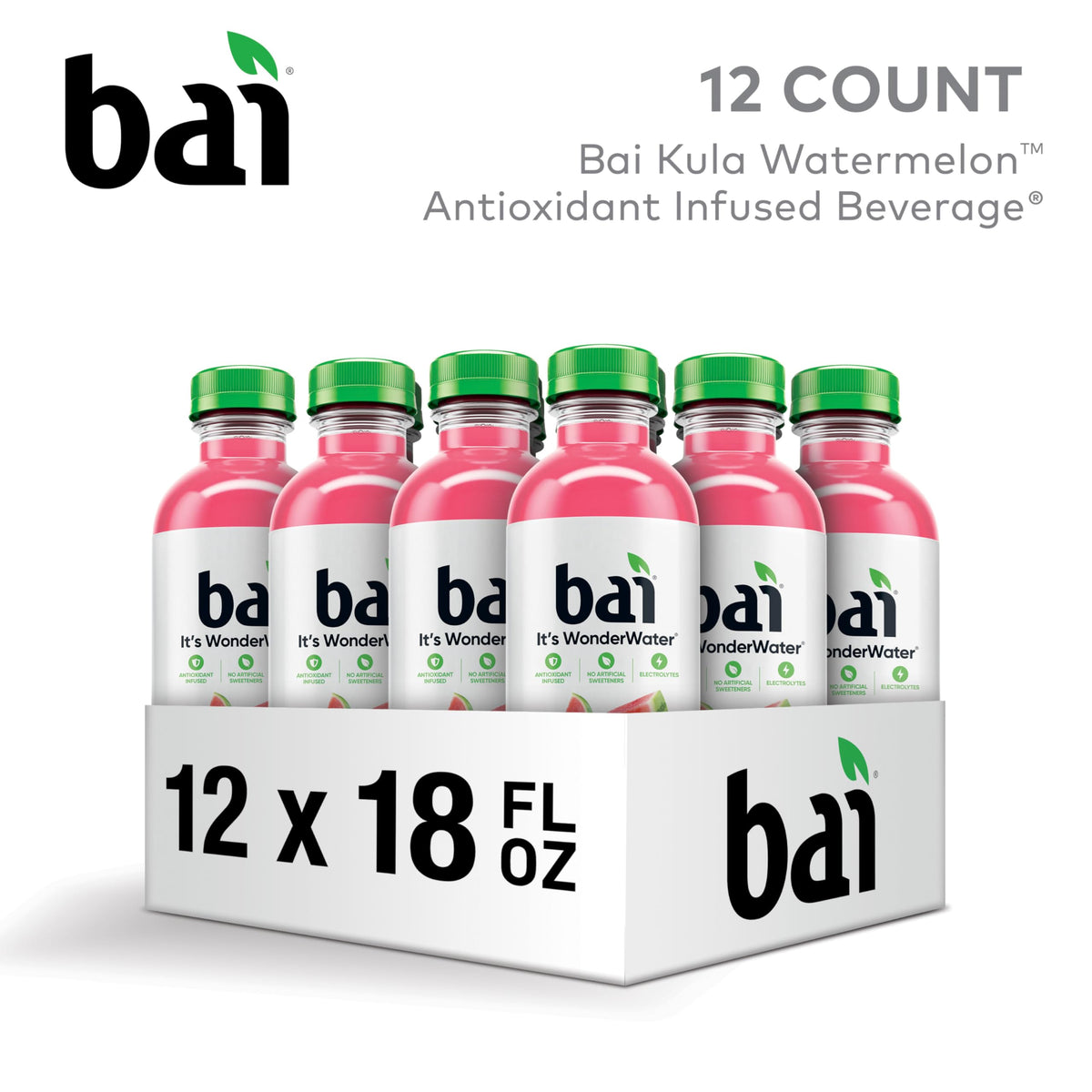 Bai Kula Watermelon bottle label detail highlights ingredients and no artificial sweeteners.