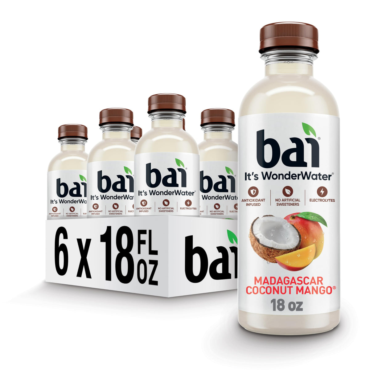 Bai Madagascar Coconut Mango bottle showing refreshing antioxidant-infused hydration