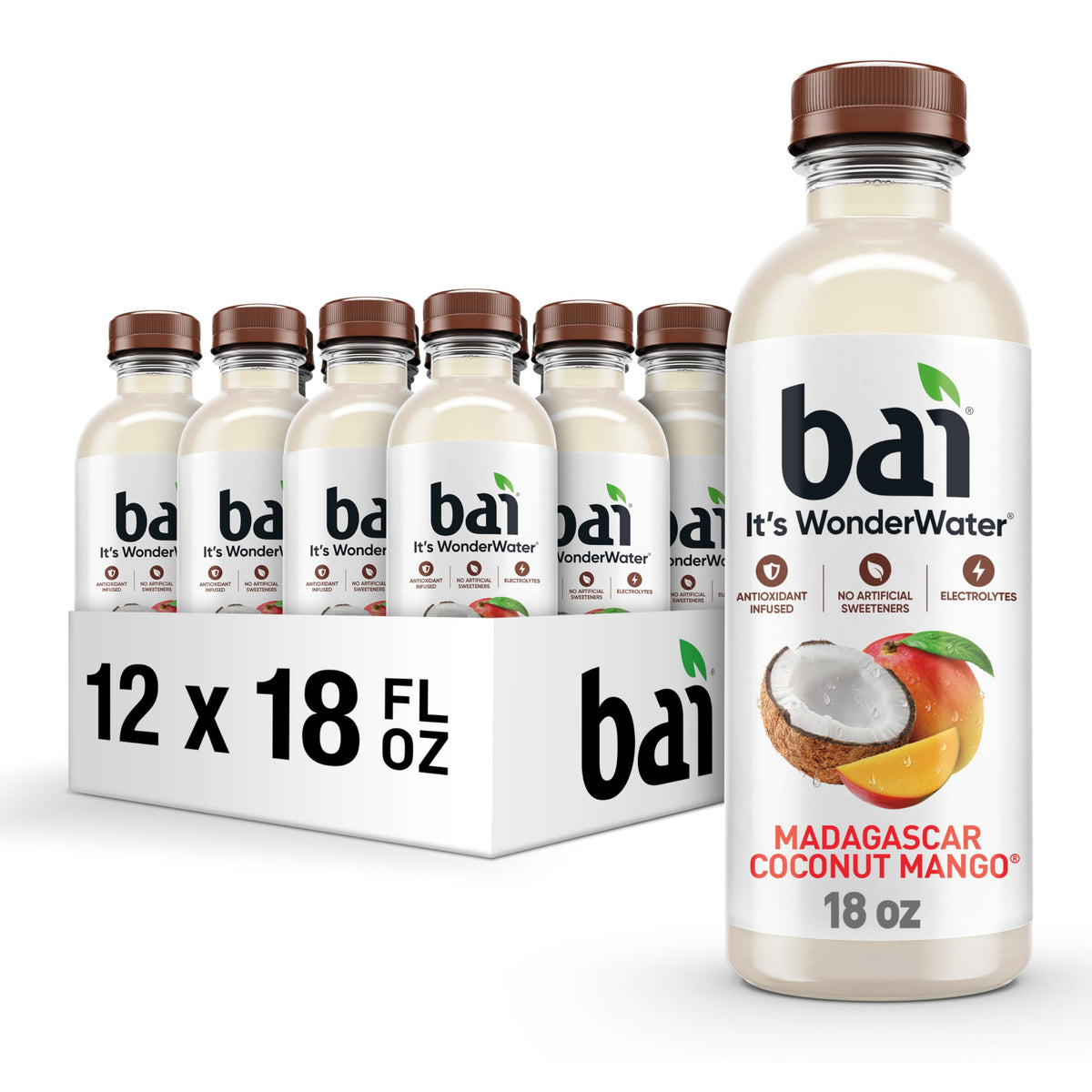 Bai Madagascar Coconut Mango bottle shows tropical, antioxidant-infused hydration with electrolytes.