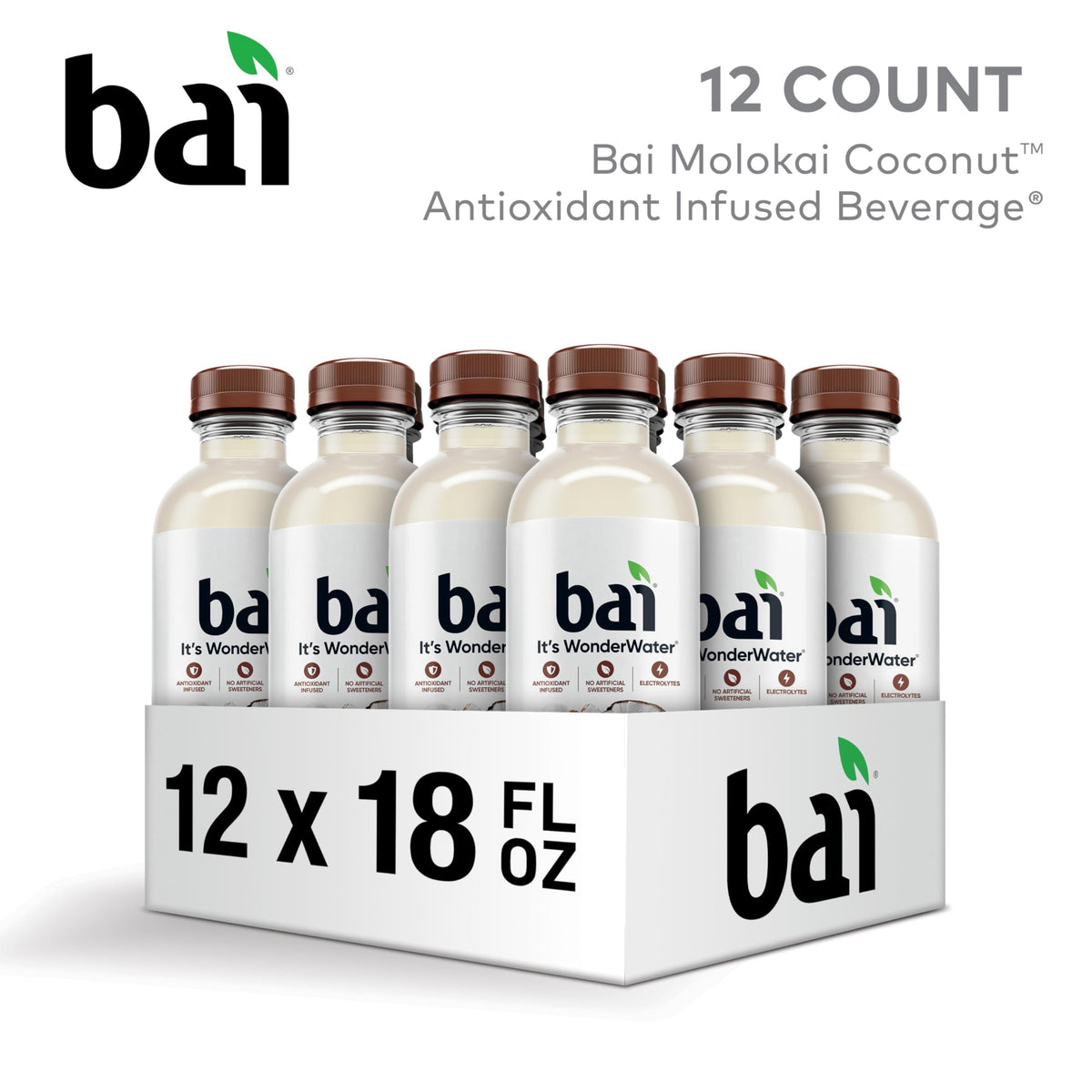 Bai Molokai Coconut bottle front label highlights no artificial sweeteners
