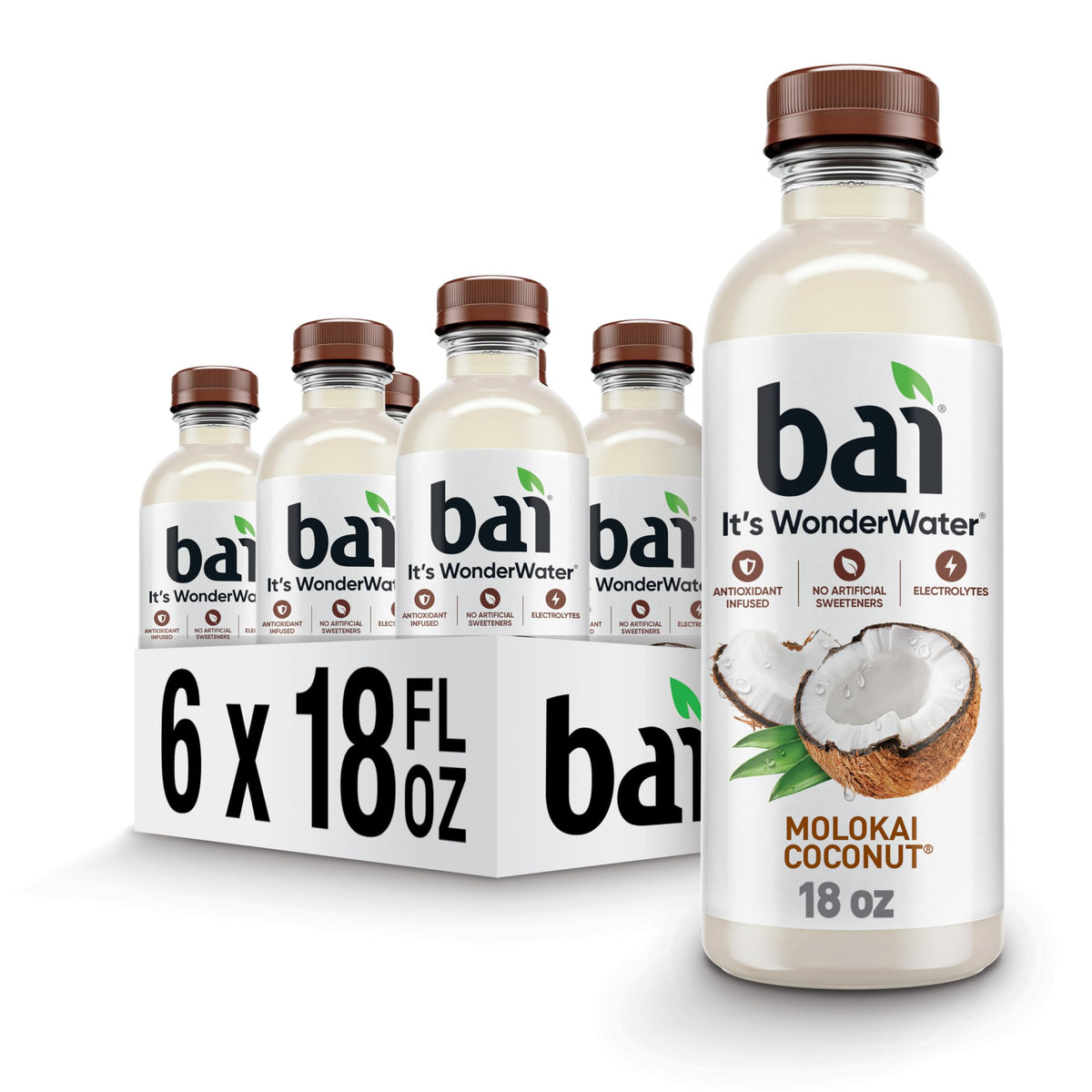 Bai Molokai Coconut bottle front view highlighting tropical flavor and hydration