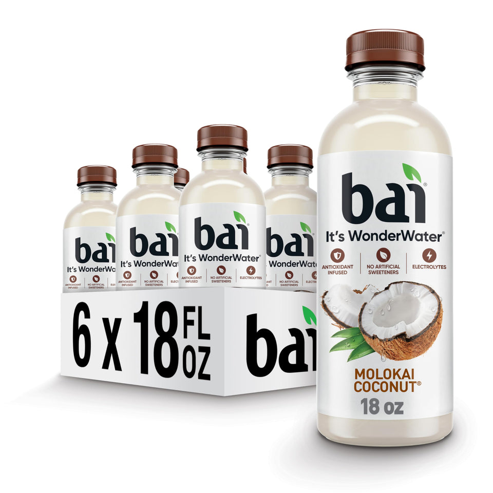 Bai Molokai Coconut bottle front view highlighting tropical flavor and hydration