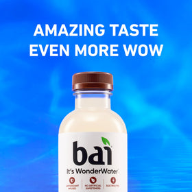 Bai Molokai Coconut bottle label close-up emphasizing recycled packaging