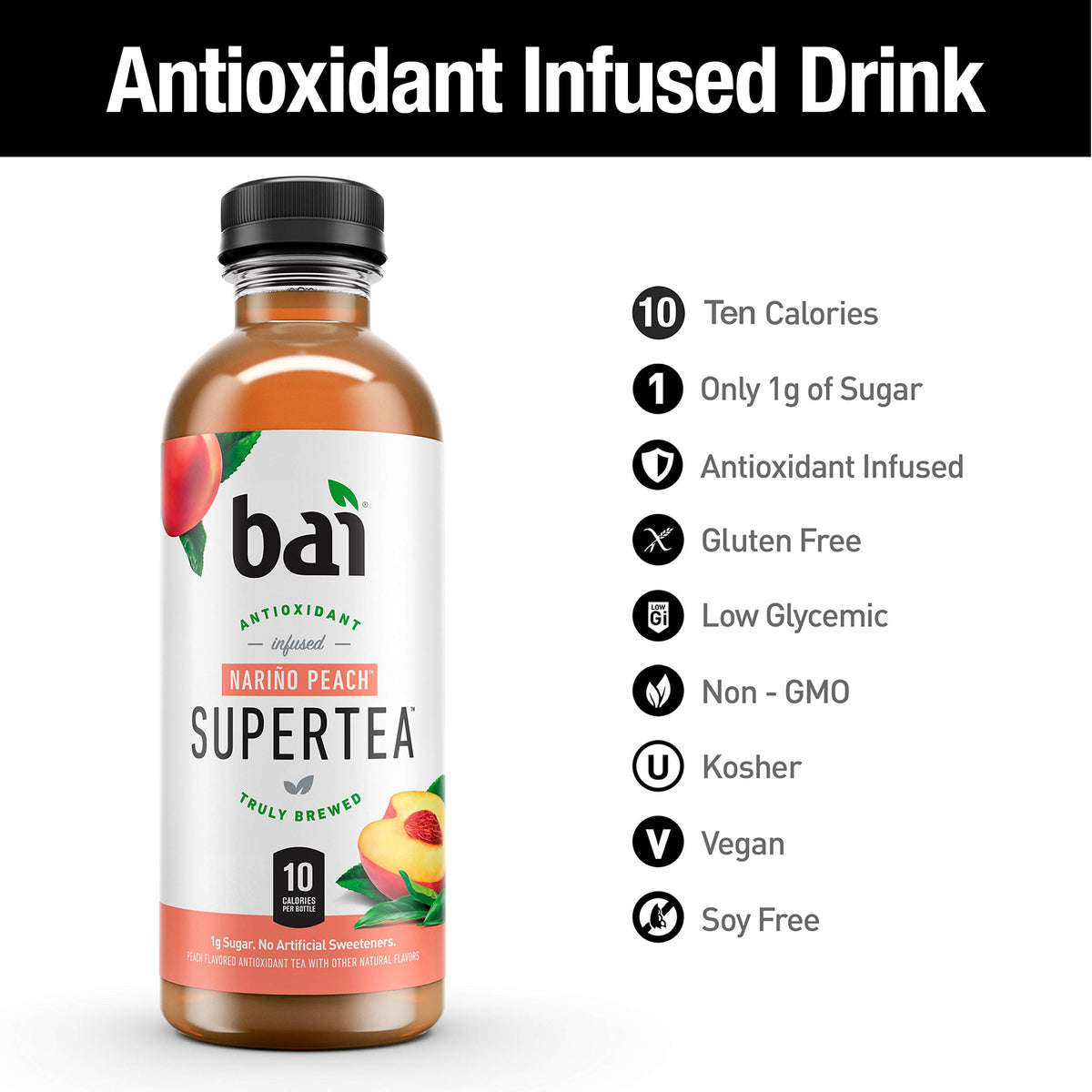 Bai Narino Peach iced tea in a glass with ice shows bright peach notes.