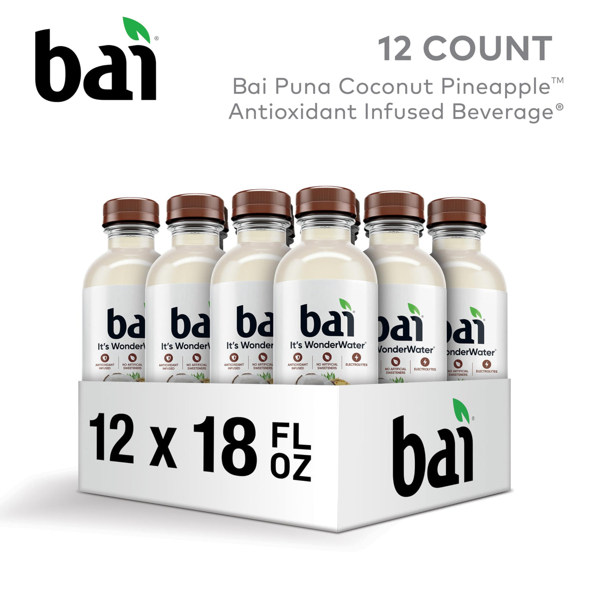 Front view of Bai Puna Coconut Pineapple bottle showcasing bold flavor.