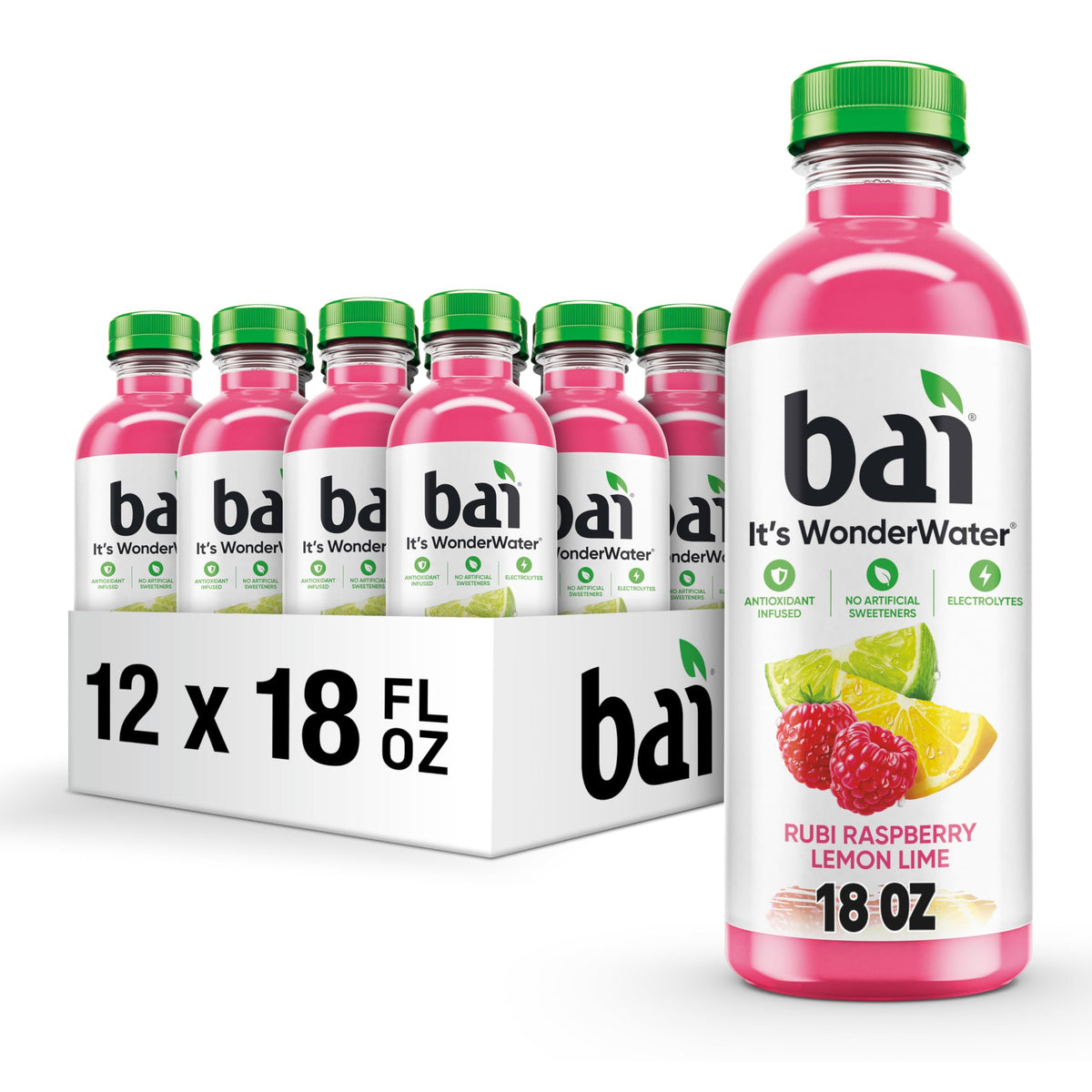 Bai Raspberry Lemon Lime bottle front view for on-the-go hydration with bold flavor.