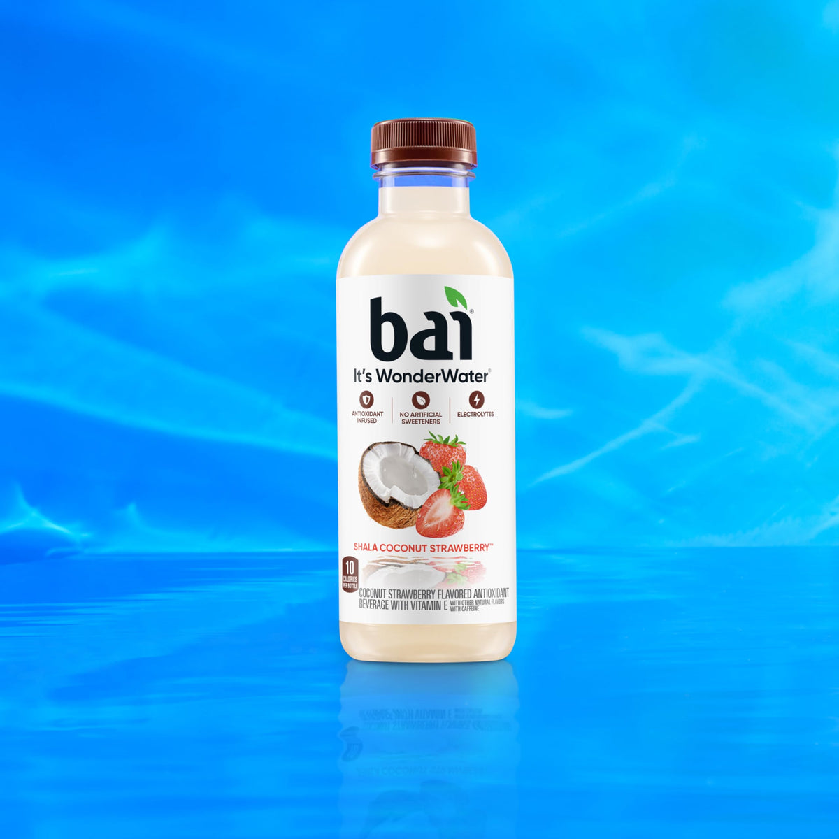 Bai Shala Coconut Strawberry packaging emphasizes 100% recycled plastic materials.