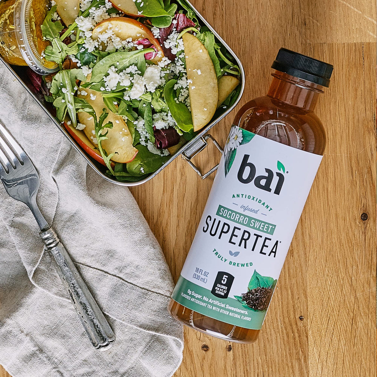 Bai Socorro Sweet bottle showing caffeine content for alert moments.