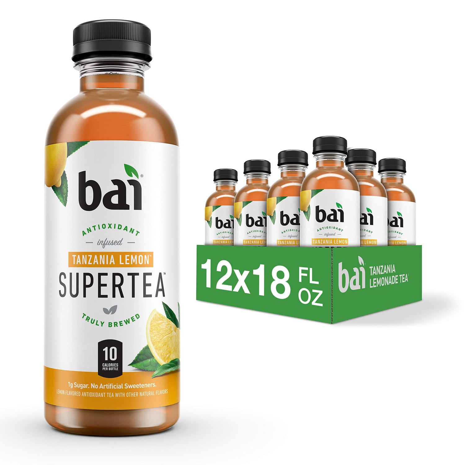 Bai Tanzania Lemon bottle closeup highlighting refreshing flavor and antioxidant infusion.