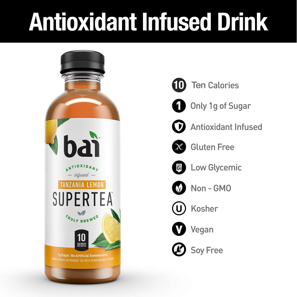 Bai Tanzania Lemon label detail emphasizing real tea blend and low calories.