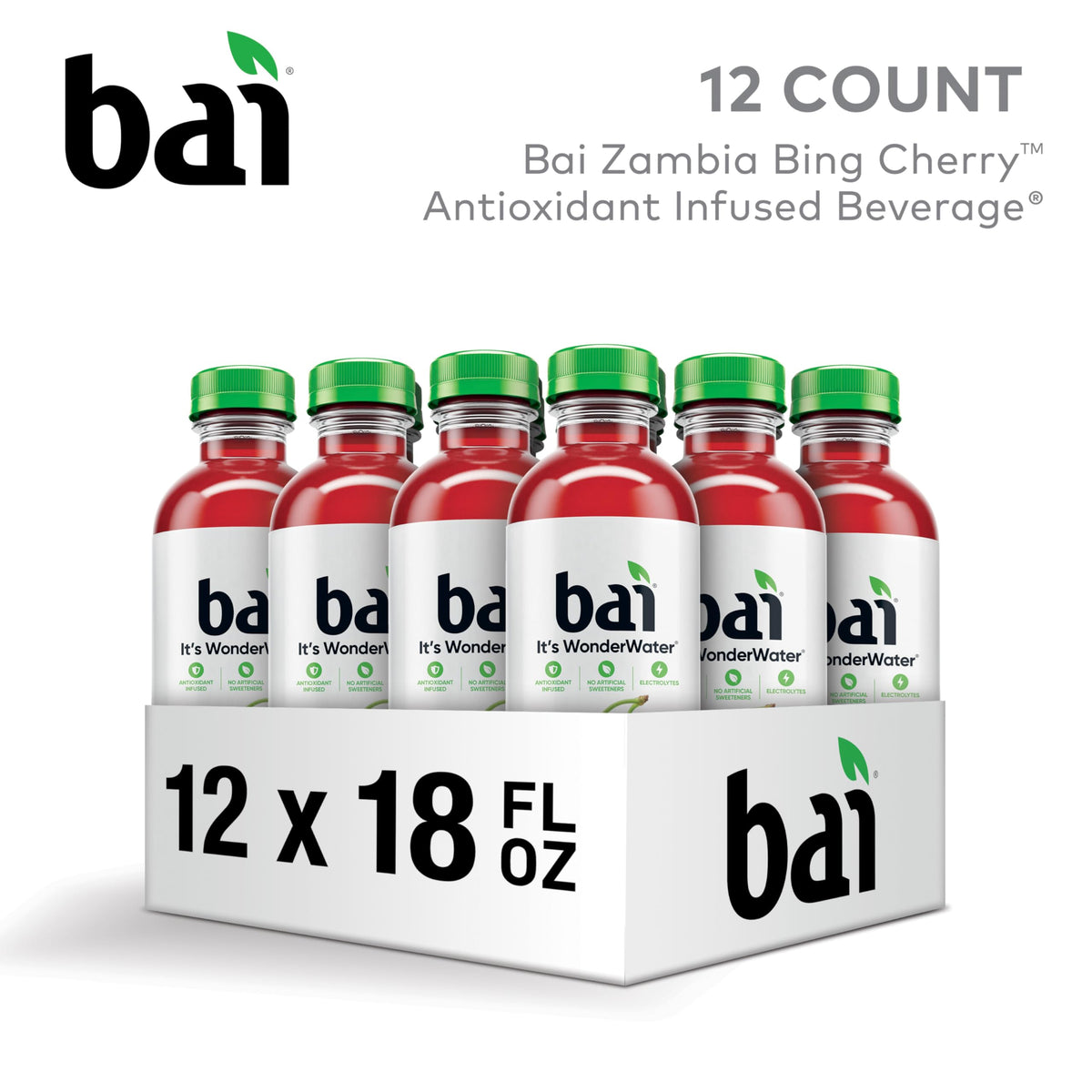 Bai Zambia Bing Cherry bottle closeup highlighting natural color and Stevia sweetness