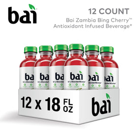 Bai Zambia Bing Cherry bottle closeup highlighting natural color and Stevia sweetness