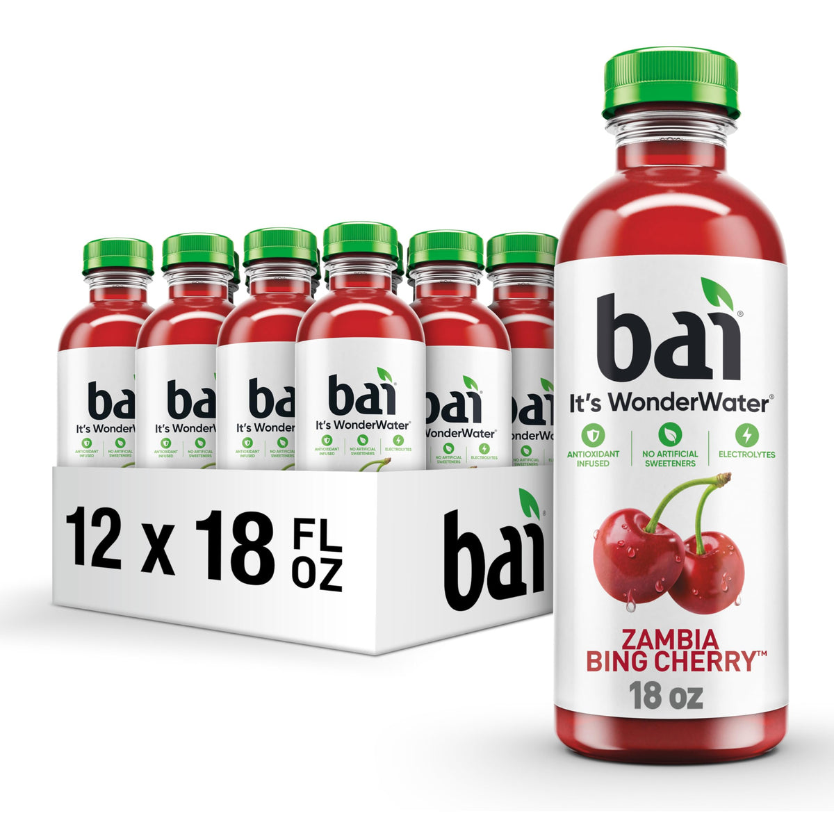 Bai Zambia Bing Cherry bottle pour showing refreshing hydration with electrolytes