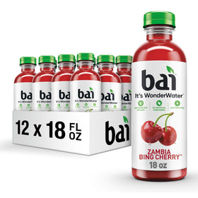 Bai Zambia Bing Cherry bottle pour showing refreshing hydration with electrolytes