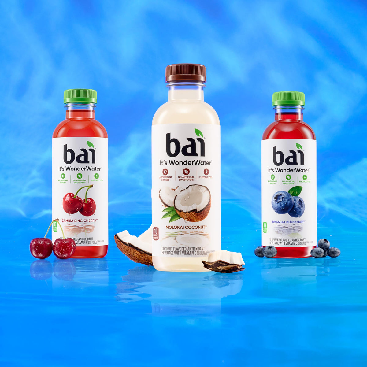 Bai Zambia Bing Cherry nutrition icons spotlighting antioxidants, 1g sugar, and zinc