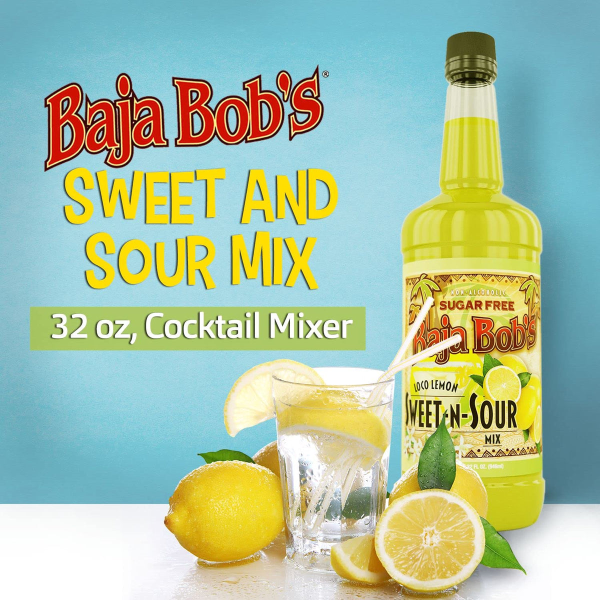 Baja Bob's Sweet n Sour Mix pouring into a glass for easy cocktail prep