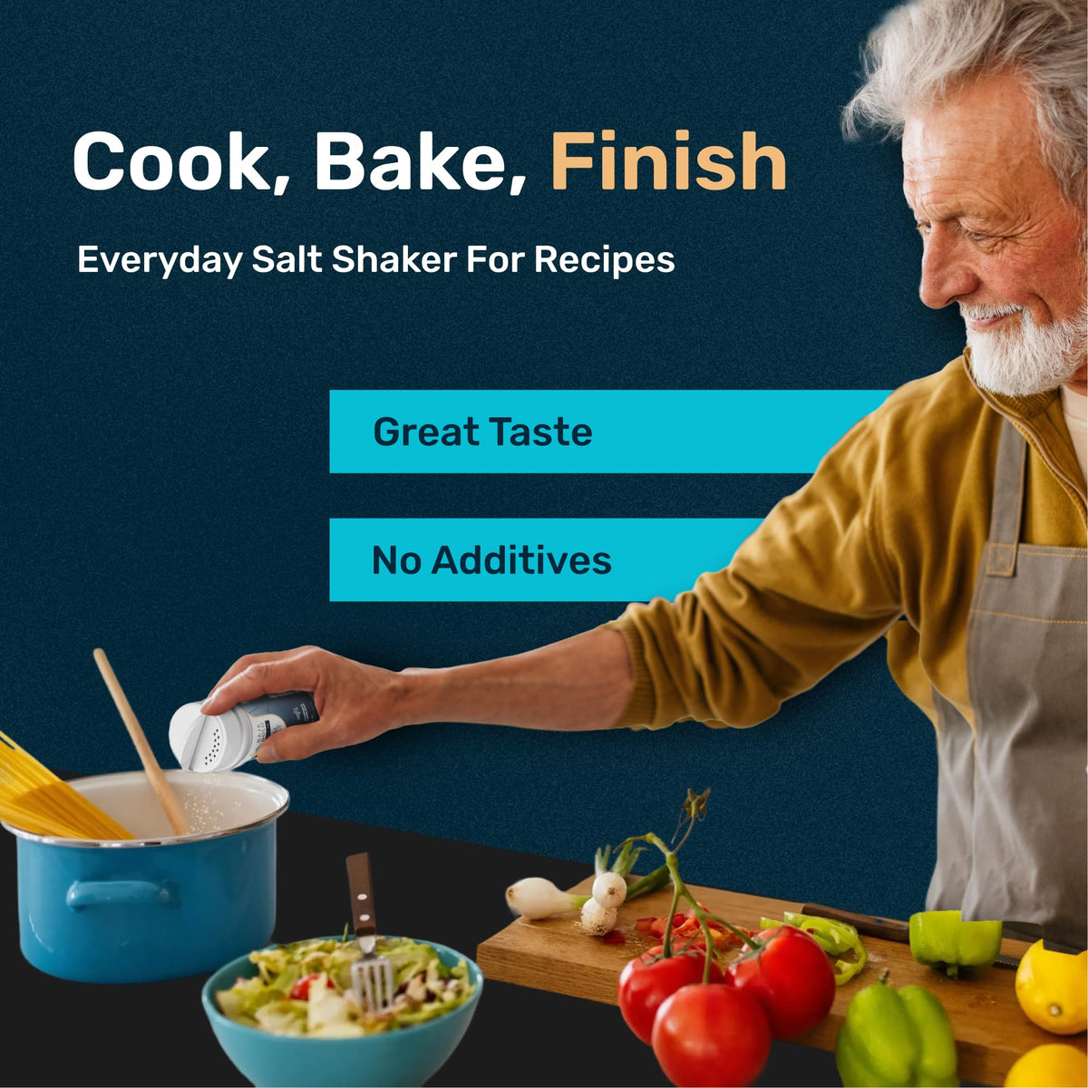 Kitchen scene with Baja Gold for daily cooking and finishing touches.