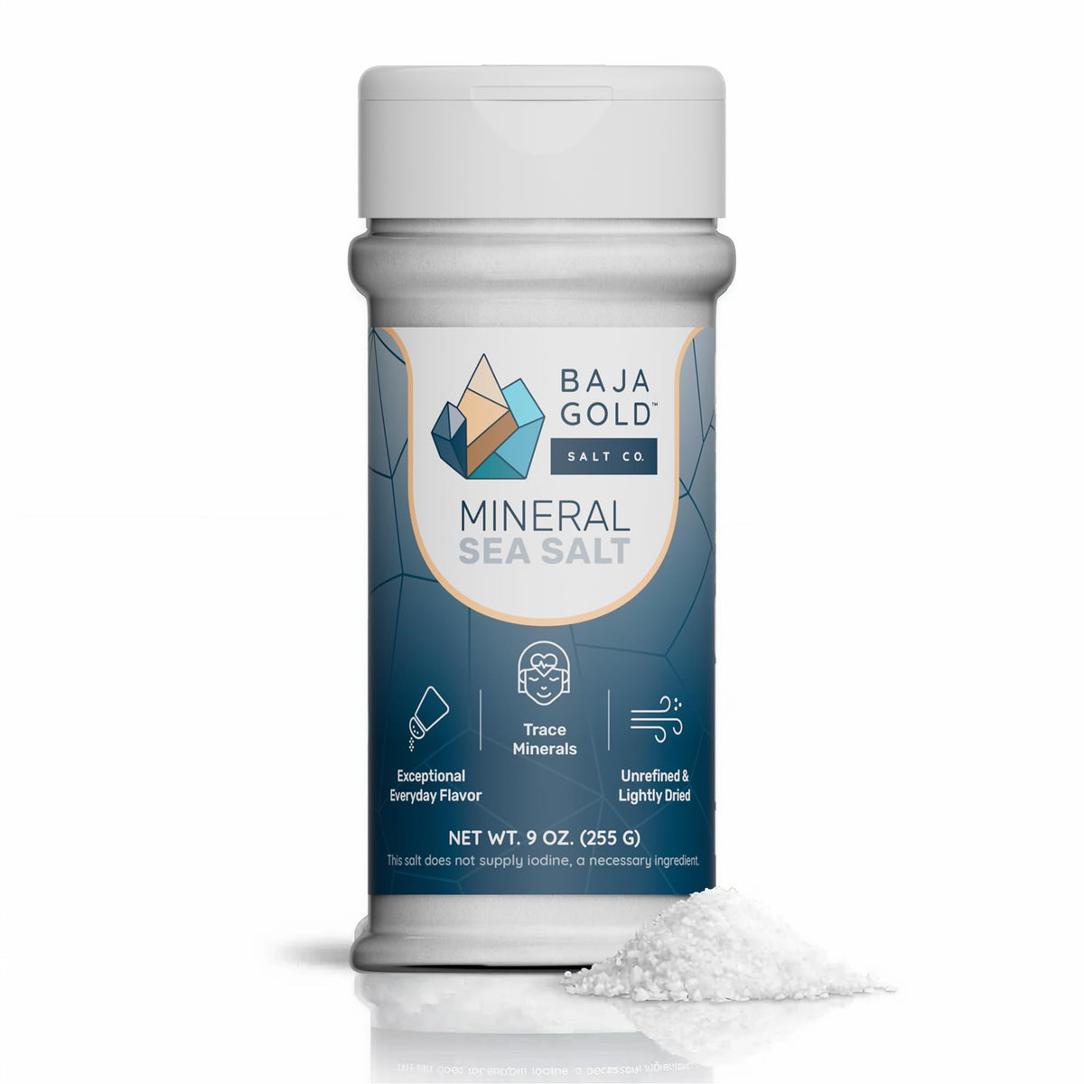 Baja Gold mineral sea salt shaker on countertop for easy daily seasoning.