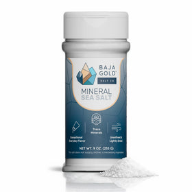 Baja Gold mineral sea salt shaker on countertop for easy daily seasoning.