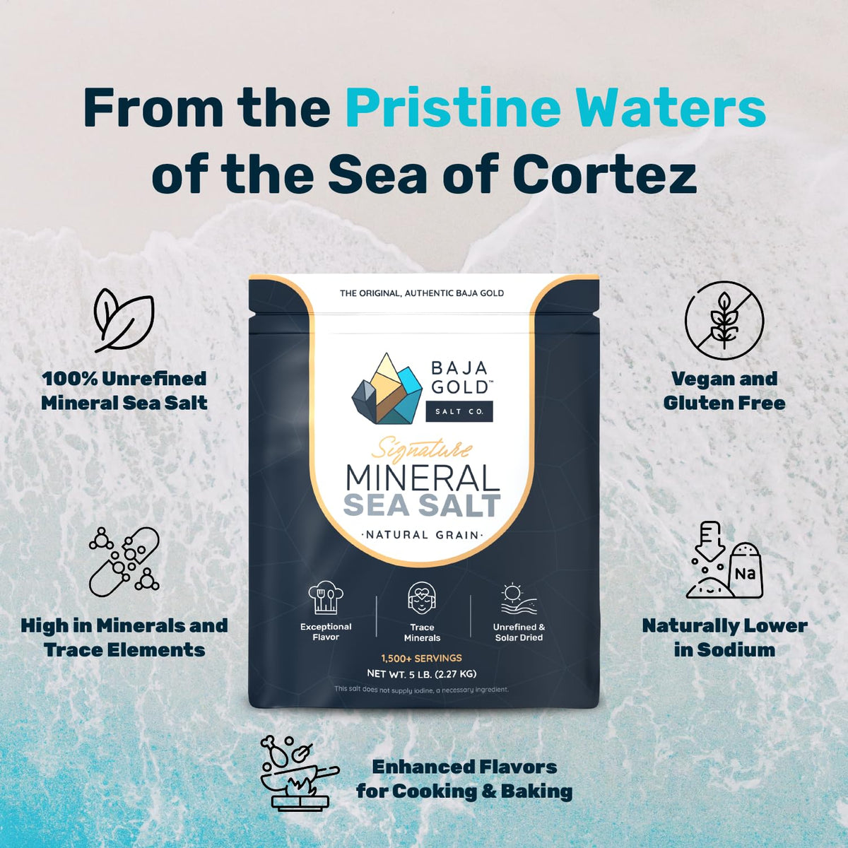 Versatile finishing salt from Baja Gold enhances flavor on dishes.