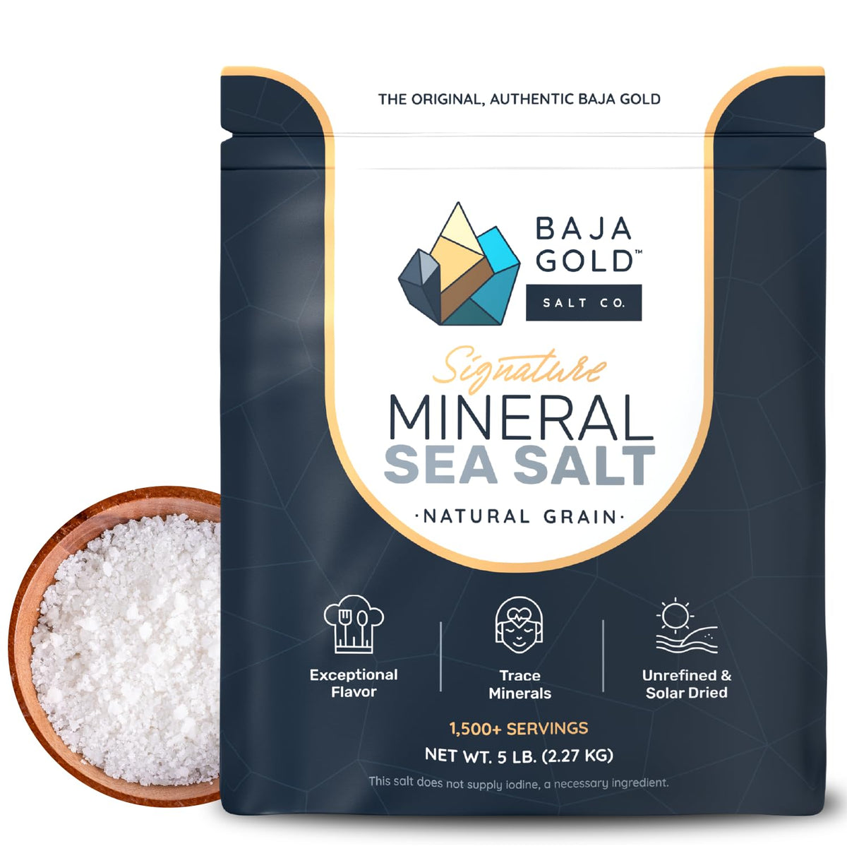 Baja Gold Signature Mineral Sea Salt bottle showing natural mineral texture for cooking.